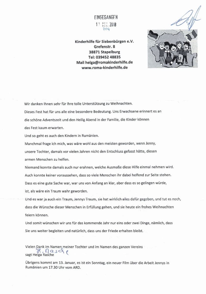 Dankeschön der Roma-Kinderhilfe Siebenbürgen e.V.