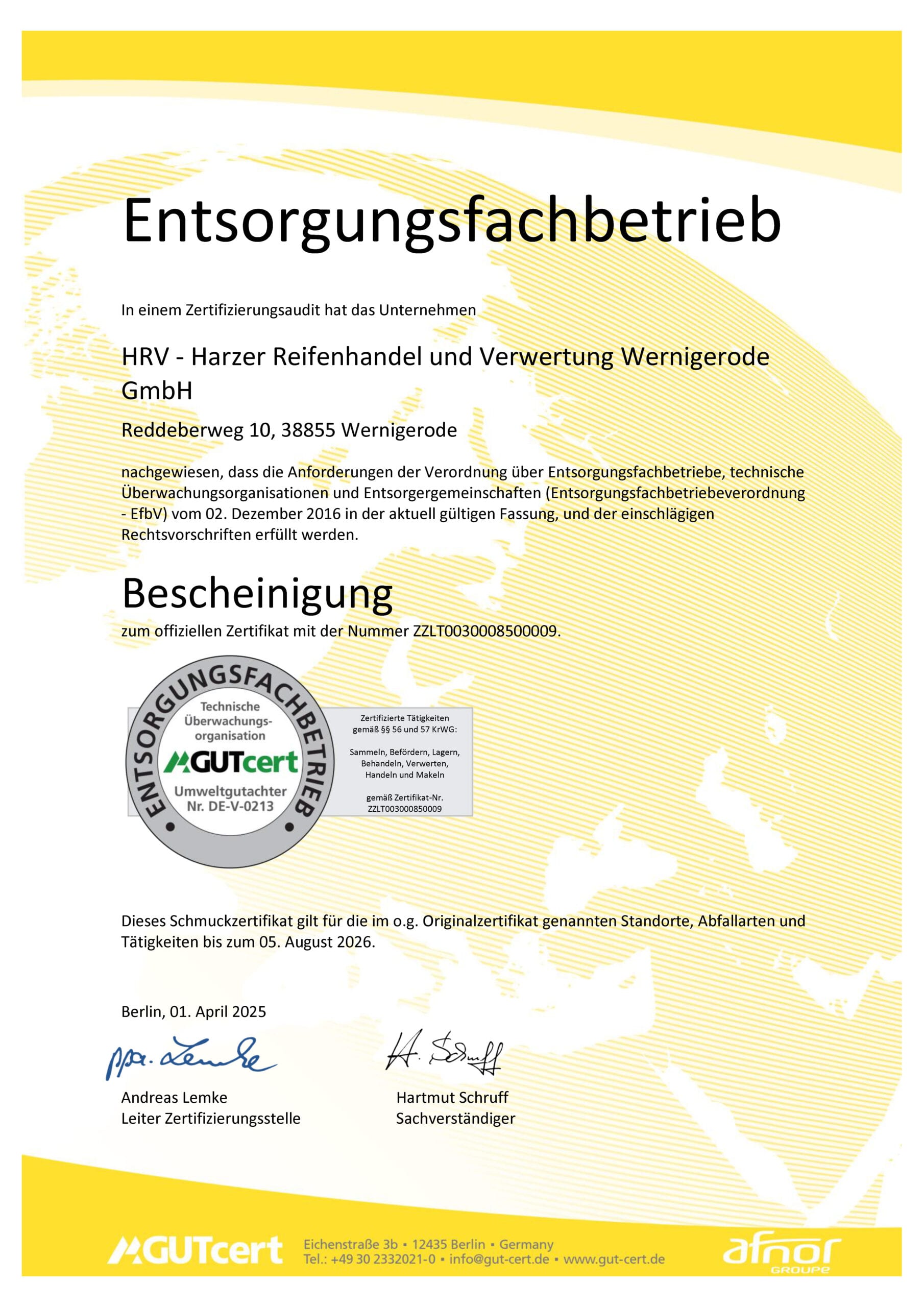 Zertifikat Entsorgungsfachbetrieb 2025-2026