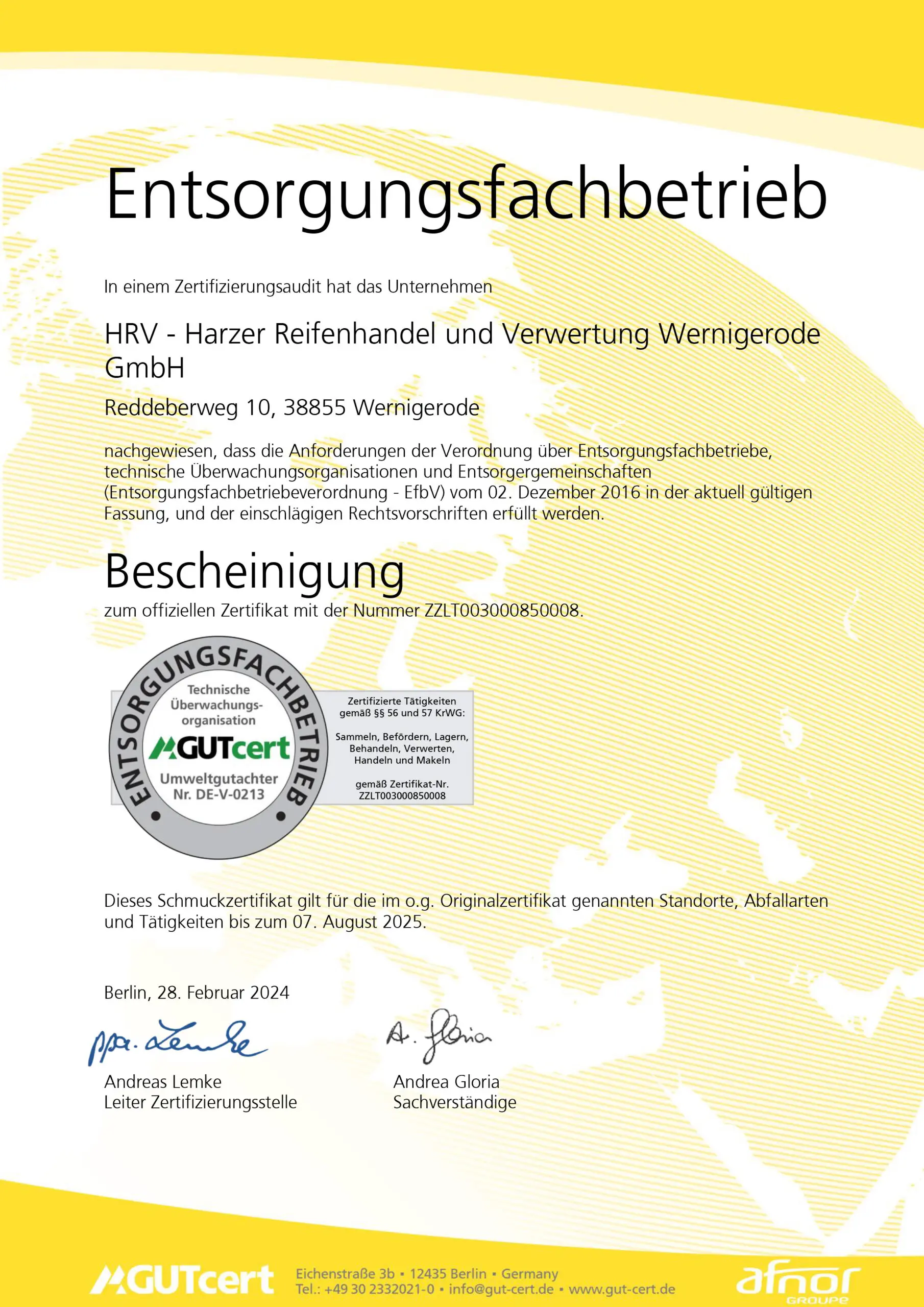 Zertifikat Entsorgungsfachbetrieb 2024-2025