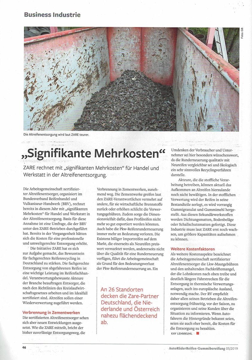 Zeitungsartikel "Siginifikante Mehrkosten" aus der Gummibereifung 05/2019