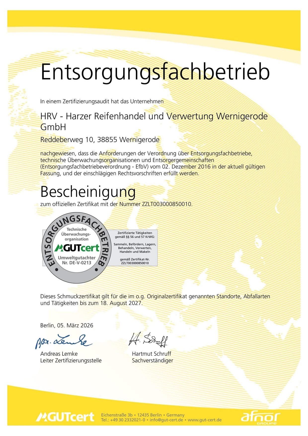 Entsorgungsfachbetrieb-Zertifikat der HRV GmbH, gültig bis 18. August 2027