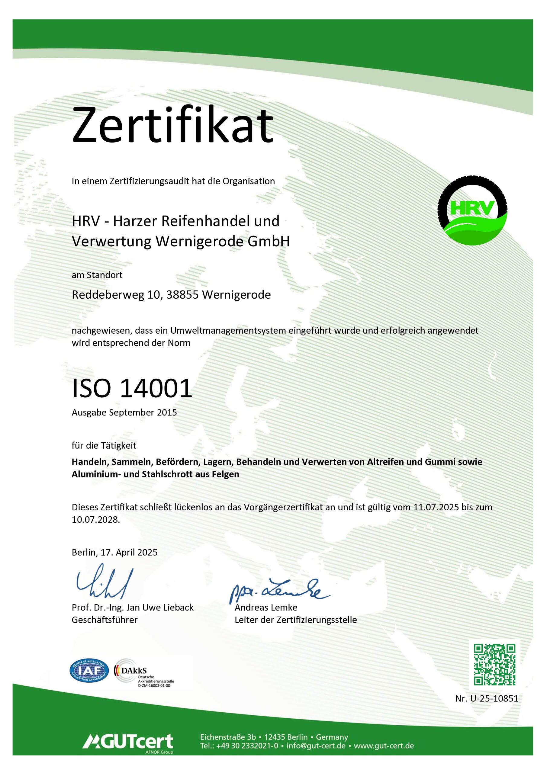 Zertifikat ISO 14001 der HRV GmbH, gültig 2025 bis 2028